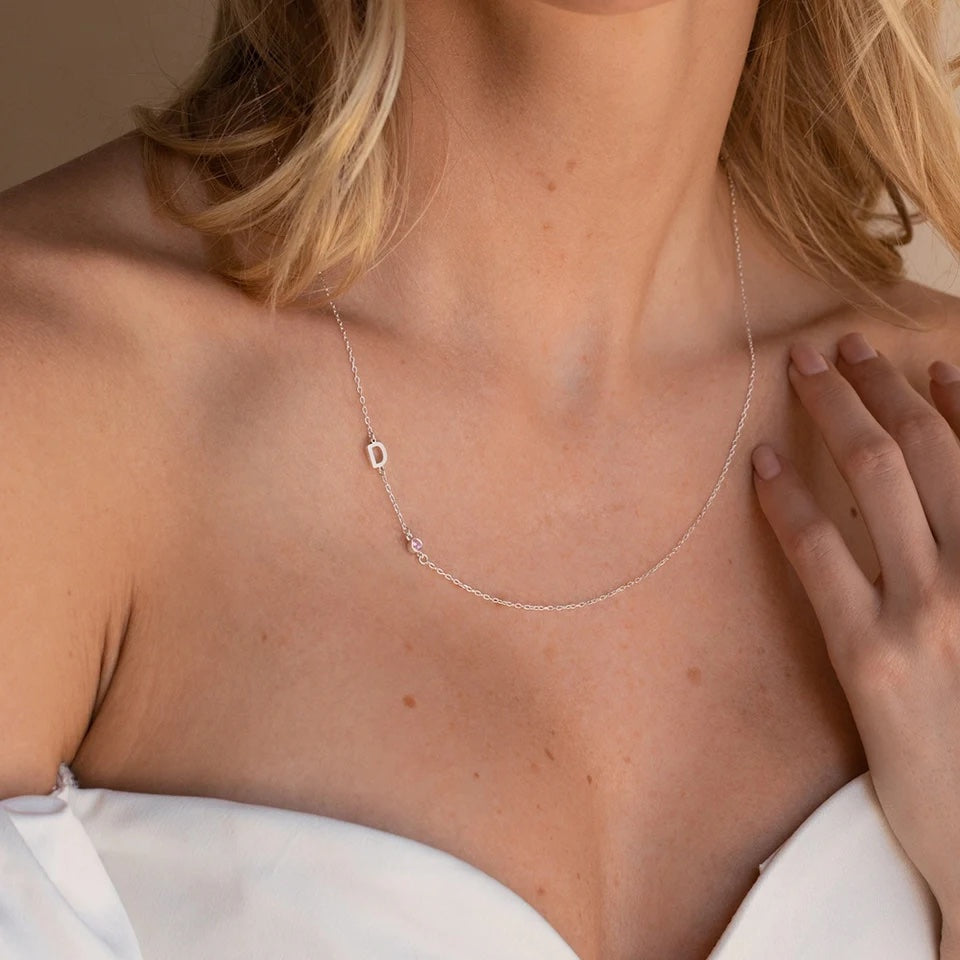 Sideway Initiaal & Geboortesteen Ketting